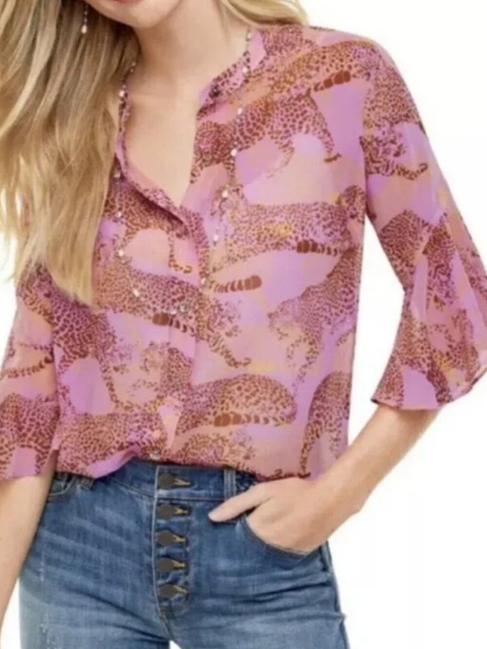 CAbi pink cheetah leopard print sheer blouse top shirt